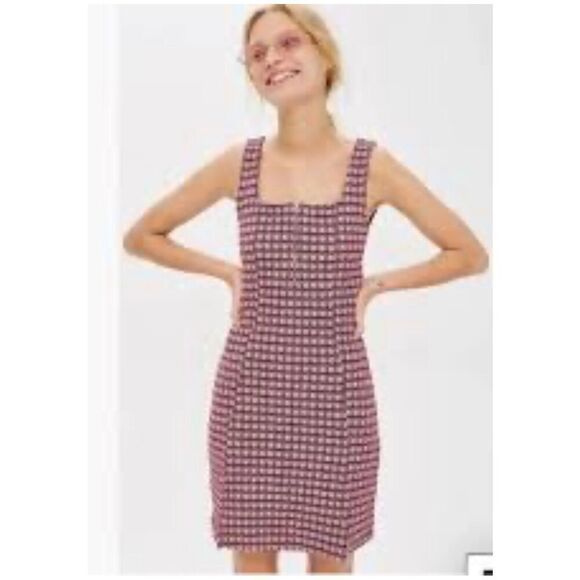 Topshop Mini Checked Pink Pinafore Dress W/Squared Neckline Front Slit Hem Darli - Picture 3 of 10